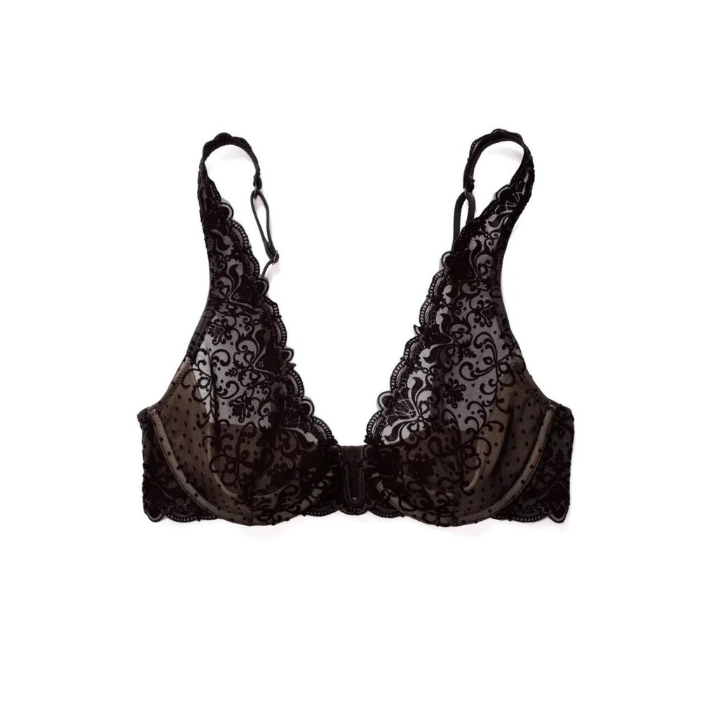 Adore Me Seda Black 36D Contour Plunge Bra Flocked Velvet Mesh V-Wire Underwire